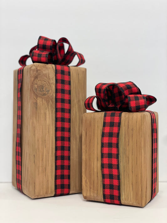 Holiday Delights Decor - Wood Block Gifts - 2 piece set - Red Buffalo Check