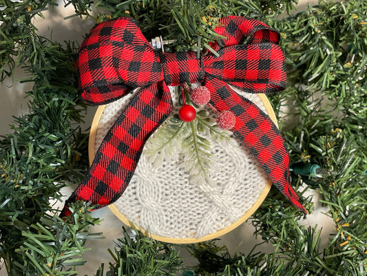 Holiday Delights Tree Ornament - White Sweater with Red Buffalo Check Bow