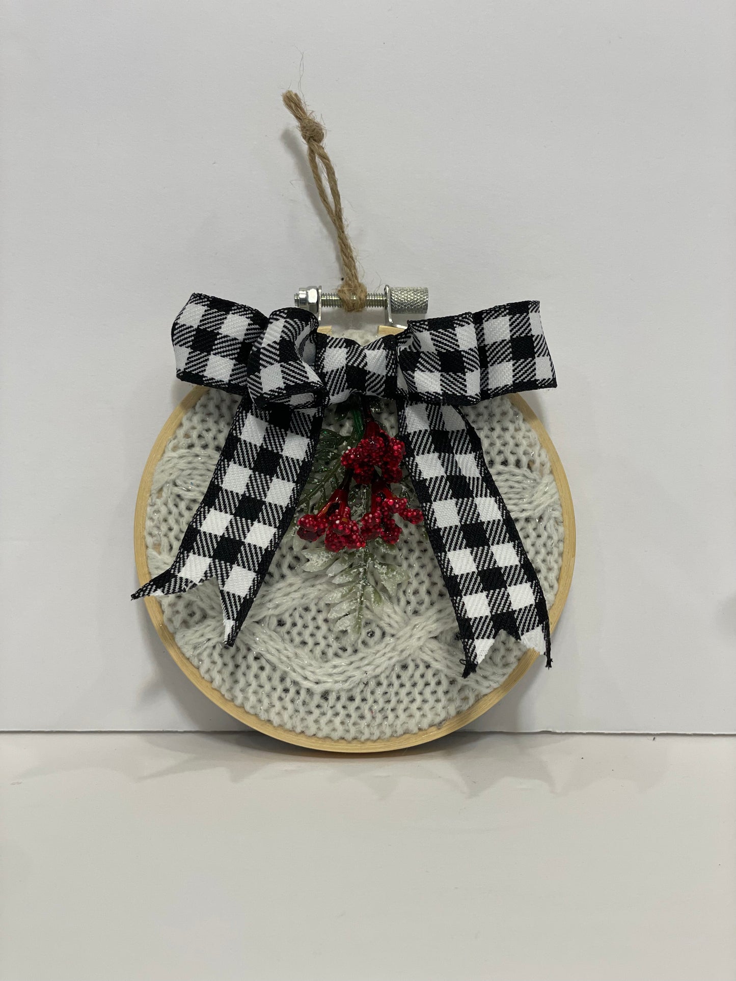 Holiday Delights Tree Ornament - White Sweater with White Buffalo Check Bow