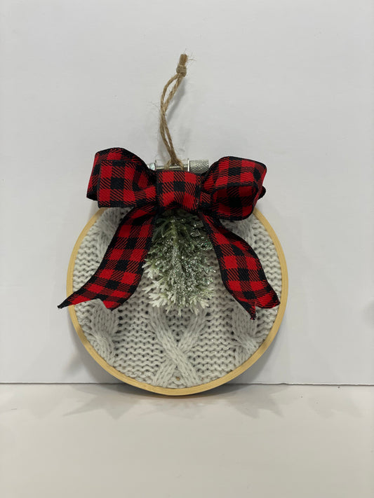 Holiday Delights Tree Ornament - White Sweater with Red Buffalo Check Bow